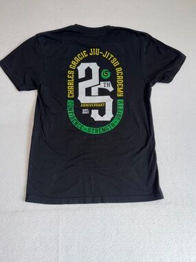 Gracie Jiu-Jitsu 25th Anniversary  Black Tee with Green and Yellow Logo back tee